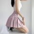 Women Pleated Skirt Summer Sexy High Waist Lace up Simple Elegant Solid Color A line Skirt 1812 pink XL