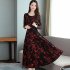 Women Plus Size Midi Dress Printing Floral Crew Neck Knee Length Long Sleeve Dress red L