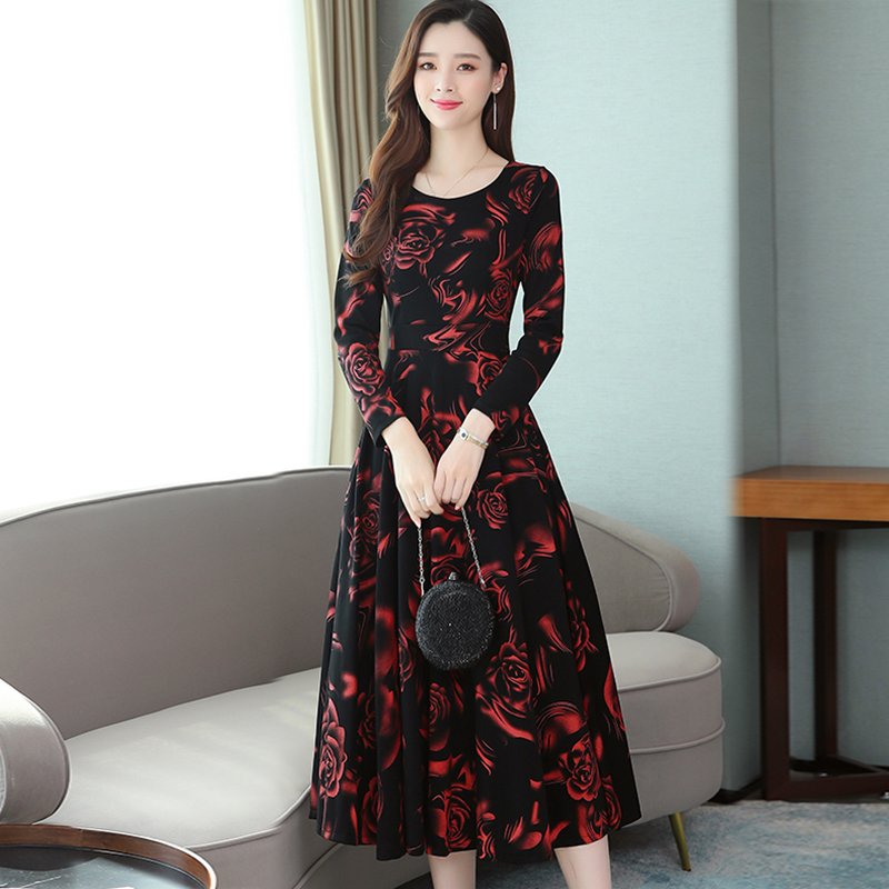 Women Plus Size Midi Dress Printing Floral Crew Neck Knee Length Long Sleeve Dress red_L