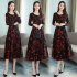 Women Plus Size Midi Dress Printing Floral Crew Neck Knee Length Long Sleeve Dress red L