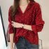 Women Polka Dot Printed Chiffon Blouse Long Sleeves Tops    Red M