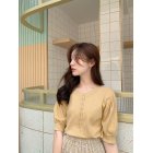Women Puff Short Sleeve Knitted Tops Classic Round Neck Pullover Shirt Loose Casual Solid Color Knitwear dark apricot One size fits all