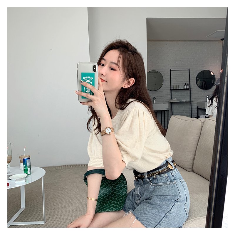 Women Puff Short Sleeve Knitted Tops Classic Round Neck Pullover Shirt Loose Casual Solid Color Knitwear beige apricot One size fits all