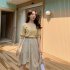 Women Puff Short Sleeve Knitted Tops Classic Round Neck Pullover Shirt Loose Casual Solid Color Knitwear beige apricot One size fits all