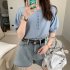 Women Puff Short Sleeve Knitted Tops Classic Round Neck Pullover Shirt Loose Casual Solid Color Knitwear beige apricot One size fits all
