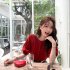 Women Puff Short Sleeve Knitted Tops Classic Round Neck Pullover Shirt Loose Casual Solid Color Knitwear beige apricot One size fits all