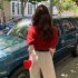 Women Puff Short Sleeve Knitted Tops Classic Round Neck Pullover Shirt Loose Casual Solid Color Knitwear red One size fits all