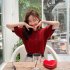 Women Puff Short Sleeve Knitted Tops Classic Round Neck Pullover Shirt Loose Casual Solid Color Knitwear red One size fits all