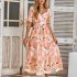 Women Puff Sleeve Dress Summer V neck Sweet Printing A line Skirt Elegant Casual Midi Skirt For Party Beach pink M