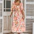 Women Puff Sleeve Dress Summer V neck Sweet Printing A line Skirt Elegant Casual Midi Skirt For Party Beach pink M
