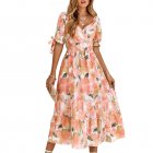 Women Puff Sleeve Dress Summer V-neck Sweet Printing A-line Skirt Elegant Casual Midi Skirt For Party Beach pink M