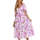 Women Puff Sleeve Dress Summer V-neck Sweet Printing A-line Skirt Elegant Casual Midi Skirt For Party Beach Purple M