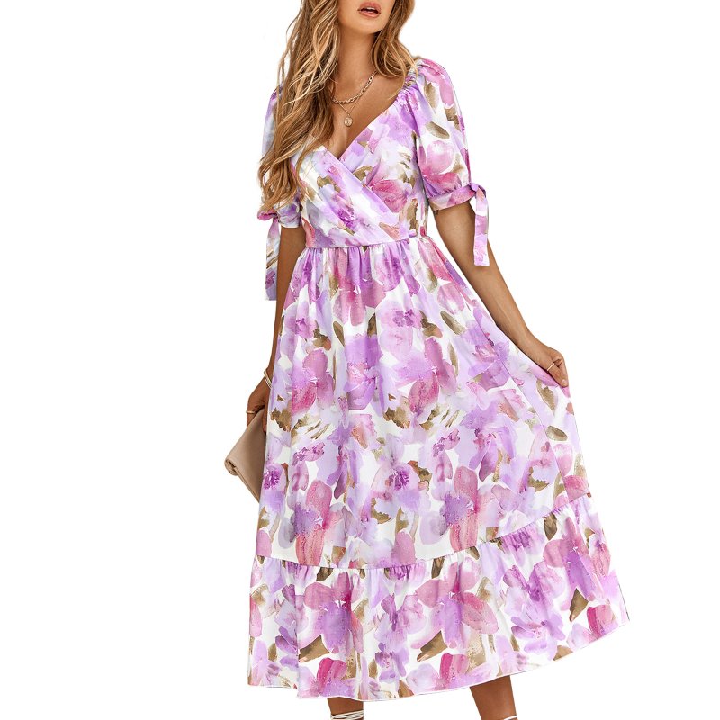 Women Puff Sleeve Dress Summer V-neck Sweet Printing A-line Skirt Elegant Casual Midi Skirt For Party Beach Purple L