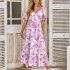 Women Puff Sleeve Dress Summer V neck Sweet Printing A line Skirt Elegant Casual Midi Skirt For Party Beach Purple L