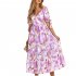 Women Puff Sleeve Dress Summer V neck Sweet Printing A line Skirt Elegant Casual Midi Skirt For Party Beach Purple L