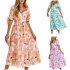 Women Puff Sleeve Dress Summer V neck Sweet Printing A line Skirt Elegant Casual Midi Skirt For Party Beach Purple L