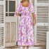 Women Puff Sleeve Dress Summer V neck Sweet Printing A line Skirt Elegant Casual Midi Skirt For Party Beach Purple L