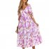 Women Puff Sleeve Dress Summer V neck Sweet Printing A line Skirt Elegant Casual Midi Skirt For Party Beach Purple L