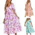 Women Puff Sleeve Dress Summer V neck Sweet Printing A line Skirt Elegant Casual Midi Skirt For Party Beach Purple L