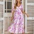 Women Puff Sleeve Dress Summer V neck Sweet Printing A line Skirt Elegant Casual Midi Skirt For Party Beach Purple L