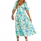 Women Puff Sleeve Dress Summer V-neck Sweet Printing A-line Skirt Elegant Casual Midi Skirt For Party Beach green S