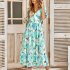 Women Puff Sleeve Dress Summer V neck Sweet Printing A line Skirt Elegant Casual Midi Skirt For Party Beach green L