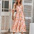 Women Puff Sleeve Dress Summer V neck Sweet Printing A line Skirt Elegant Casual Midi Skirt For Party Beach green L