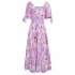 Women Puff Sleeve Dress Summer V neck Sweet Printing A line Skirt Elegant Casual Midi Skirt For Party Beach green L