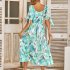 Women Puff Sleeve Dress Summer V neck Sweet Printing A line Skirt Elegant Casual Midi Skirt For Party Beach green L