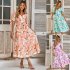 Women Puff Sleeve Dress Summer V neck Sweet Printing A line Skirt Elegant Casual Midi Skirt For Party Beach green L