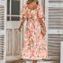 Women Puff Sleeve Dress Summer V neck Sweet Printing A line Skirt Elegant Casual Midi Skirt For Party Beach green L