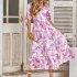 Women Puff Sleeve Dress Summer V neck Sweet Printing A line Skirt Elegant Casual Midi Skirt For Party Beach green L