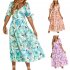 Women Puff Sleeve Dress Summer V neck Sweet Printing A line Skirt Elegant Casual Midi Skirt For Party Beach green L