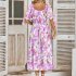 Women Puff Sleeve Dress Summer V neck Sweet Printing A line Skirt Elegant Casual Midi Skirt For Party Beach green L