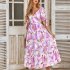 Women Puff Sleeve Dress Summer V neck Sweet Printing A line Skirt Elegant Casual Midi Skirt For Party Beach green L