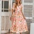 Women Puff Sleeve Dress Summer V neck Sweet Printing A line Skirt Elegant Casual Midi Skirt For Party Beach green L