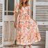Women Puff Sleeve Dress Summer V neck Sweet Printing A line Skirt Elegant Casual Midi Skirt For Party Beach green L