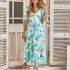 Women Puff Sleeve Dress Summer V neck Sweet Printing A line Skirt Elegant Casual Midi Skirt For Party Beach green L