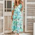 Women Puff Sleeve Dress Summer V neck Sweet Printing A line Skirt Elegant Casual Midi Skirt For Party Beach green L
