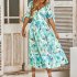 Women Puff Sleeve Dress Summer V neck Sweet Printing A line Skirt Elegant Casual Midi Skirt For Party Beach green L