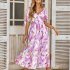 Women Puff Sleeve Dress Summer V neck Sweet Printing A line Skirt Elegant Casual Midi Skirt For Party Beach green L