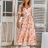 Women Puff Sleeve Dress Summer V neck Sweet Printing A line Skirt Elegant Casual Midi Skirt For Party Beach green L