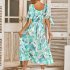 Women Puff Sleeve Dress Summer V neck Sweet Printing A line Skirt Elegant Casual Midi Skirt For Party Beach green L