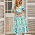Women Puff Sleeve Dress Summer V neck Sweet Printing A line Skirt Elegant Casual Midi Skirt For Party Beach green L
