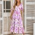 Women Puff Sleeve Dress Summer V neck Sweet Printing A line Skirt Elegant Casual Midi Skirt For Party Beach green L