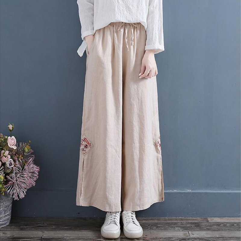 Women Retro Embroidery Wide-leg Pants Cotton Linen High Waist Solid Color Slit Casual Large Size Trousers apricot XL