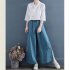 Women Retro Embroidery Wide leg Pants Cotton Linen High Waist Solid Color Slit Casual Large Size Trousers apricot L