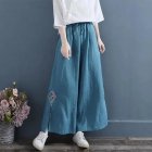 Women Retro Embroidery Wide-leg Pants Cotton Linen High Waist Solid Color Slit Casual Large Size Trousers blue L