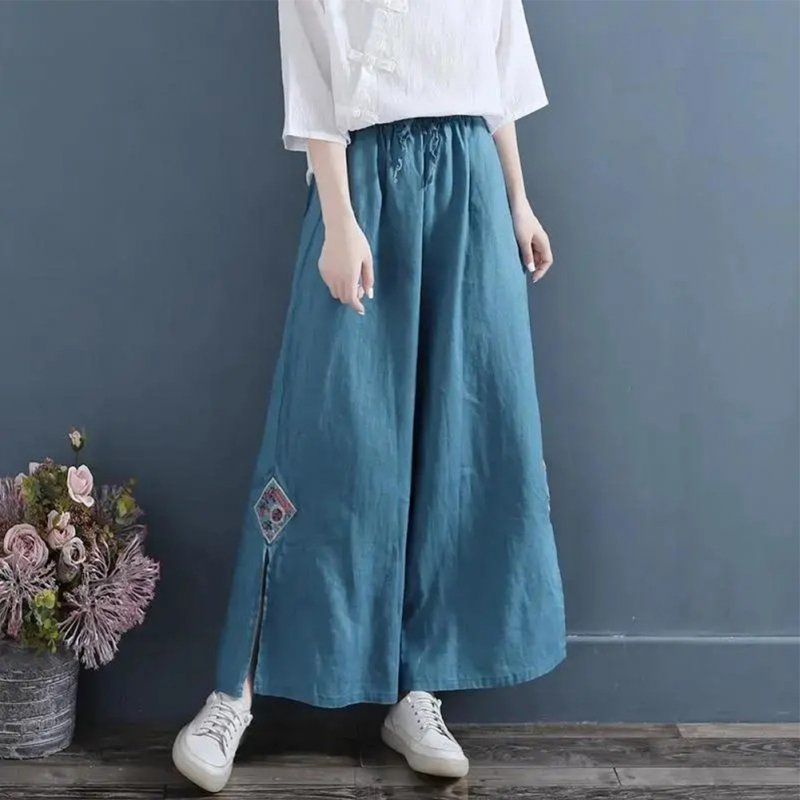 Women Retro Embroidery Wide-leg Pants Cotton Linen High Waist Solid Color Slit Casual Large Size Trousers blue 3XL