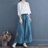 Women Retro Embroidery Wide leg Pants Cotton Linen High Waist Solid Color Slit Casual Large Size Trousers blue 3XL